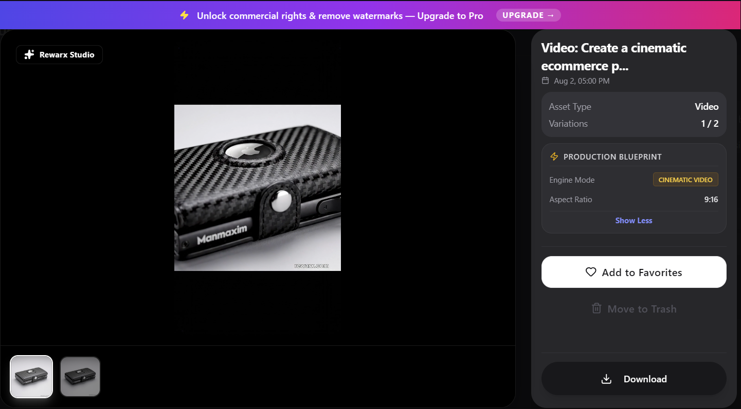 Rewarx Studio AI video output preview screen showing the generated black Manmaxim wallet clip and download option, with a banner about upgrading to remove watermarks.