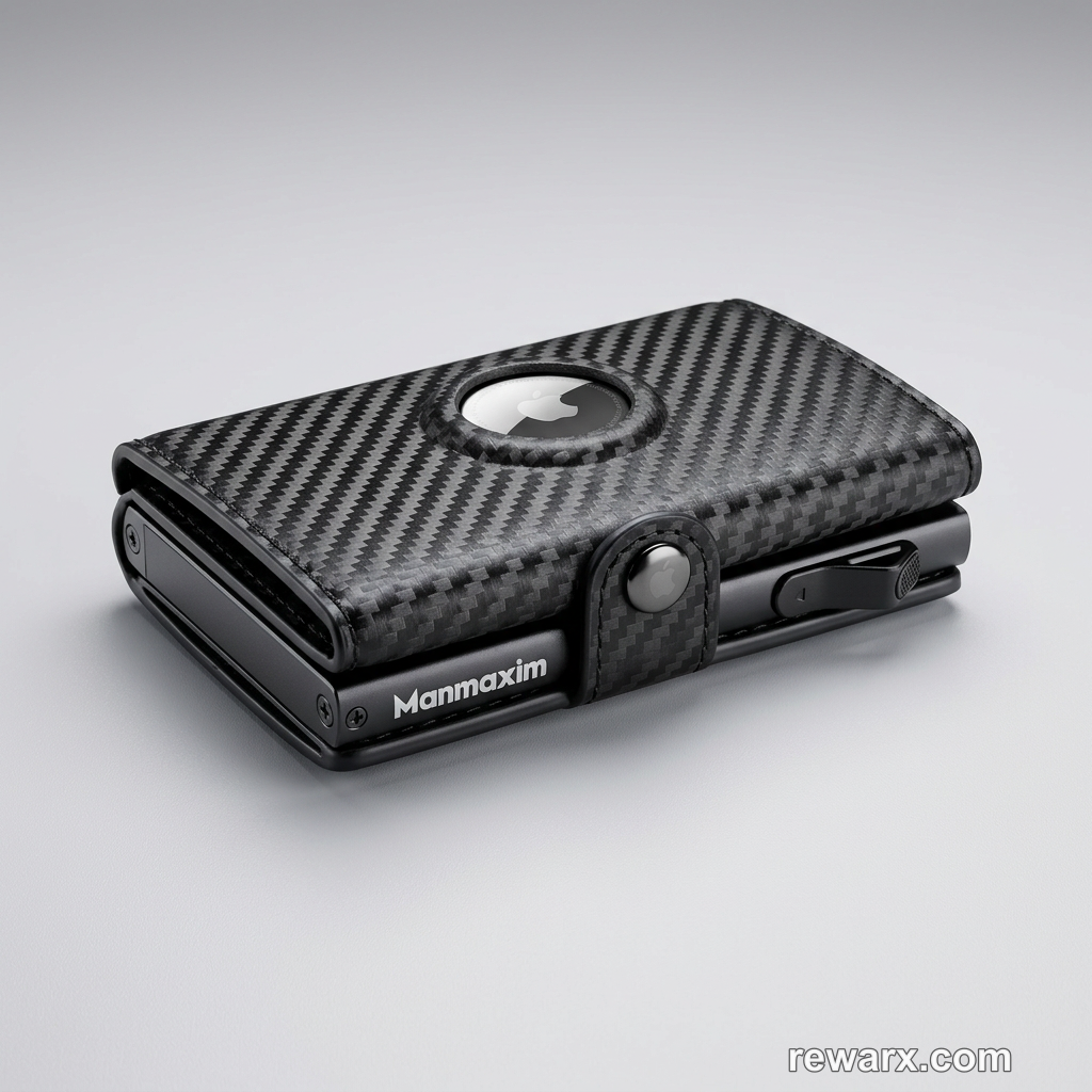 First Rewarx Studio AI generated output: the black carbon-fiber-style Manmaxim wallet in a styled studio scene with soft lighting.