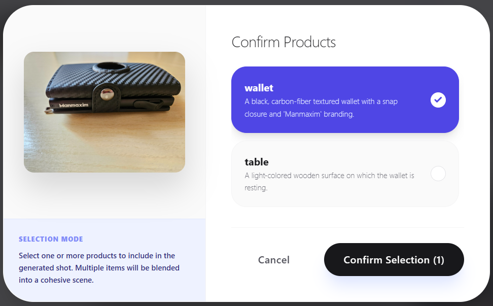 Rewarx Studio AI product detection confirmation screen showing the uploaded black carbon-fiber-textured Manmaxim wallet identified as the product.
