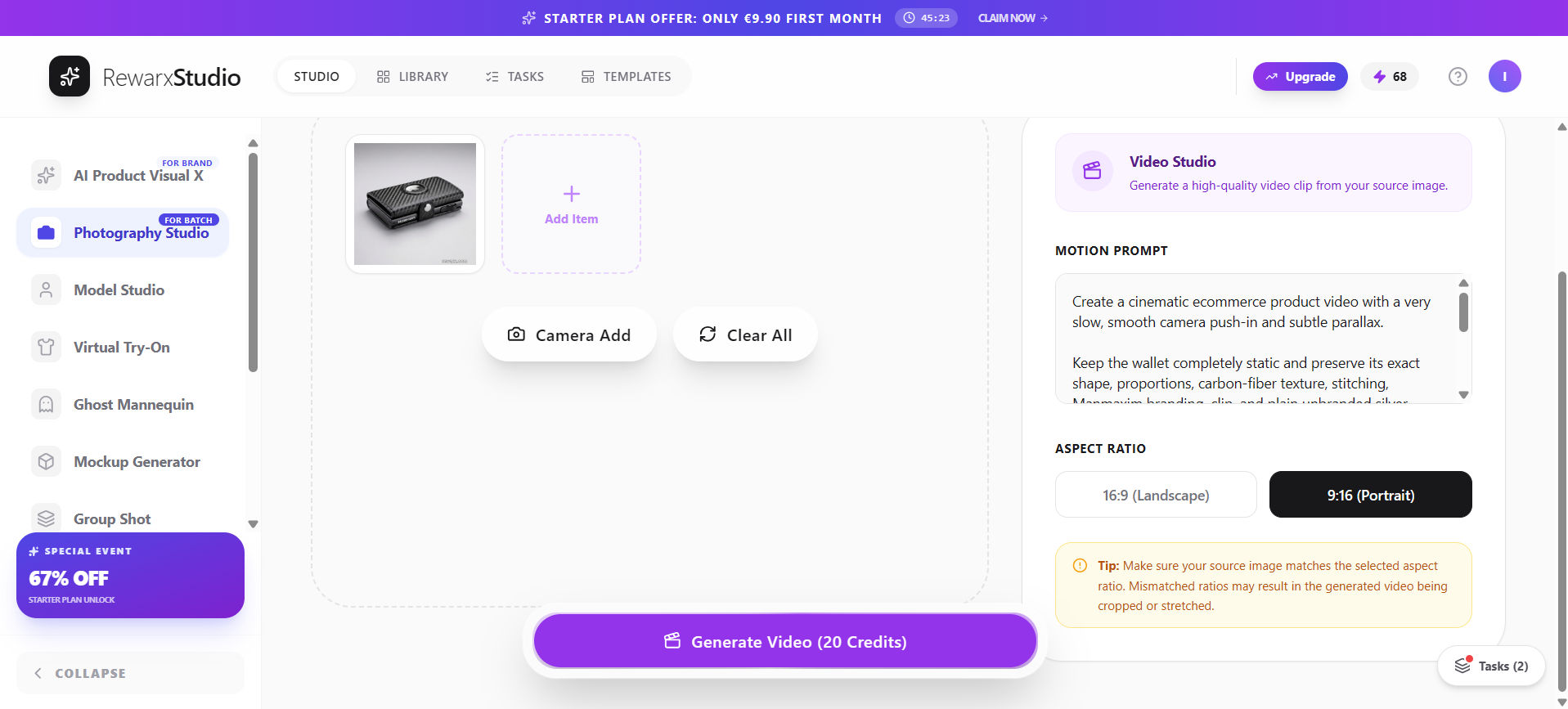 Rewarx Studio AI Video Studio settings showing the motion prompt for a cinematic ecommerce product video, 9:16 portrait aspect ratio, and a Generate Video button costing 20 credits.