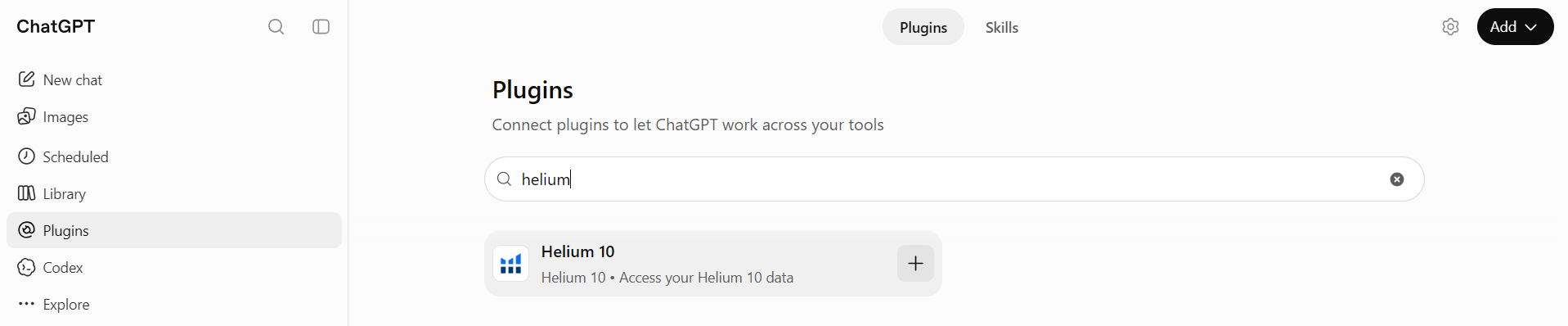 ChatGPT Plugin Directory search for helium showing the Helium 10 plugin.