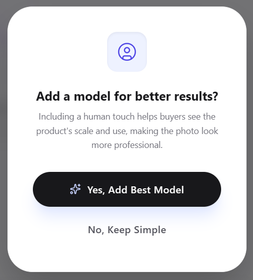 Rewarx Studio AI optional add-model step with an additional prompt field for including a human model in the scene.