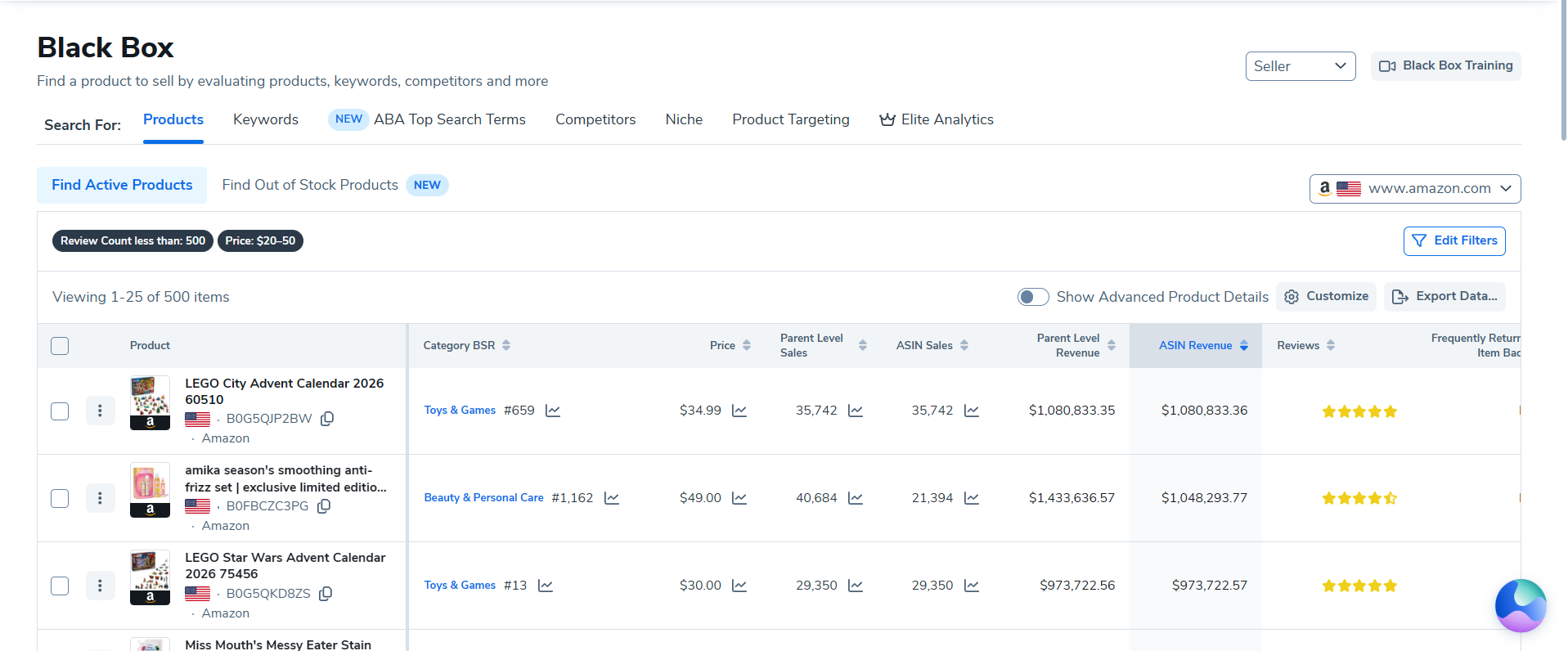 Native Black Box results with Amazon US, price $20–$50, review count below 500 and ASIN Revenue sorting.