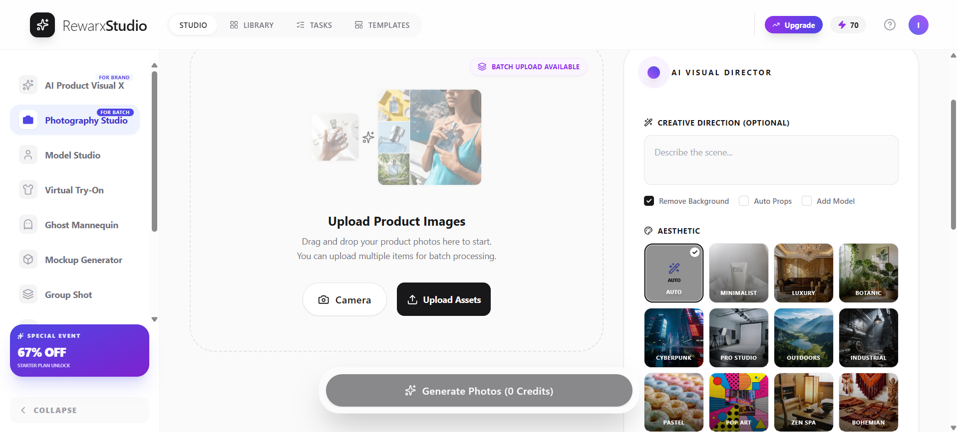 Rewarx Studio AI empty workspace showing the initial upload interface before any product image is added.
