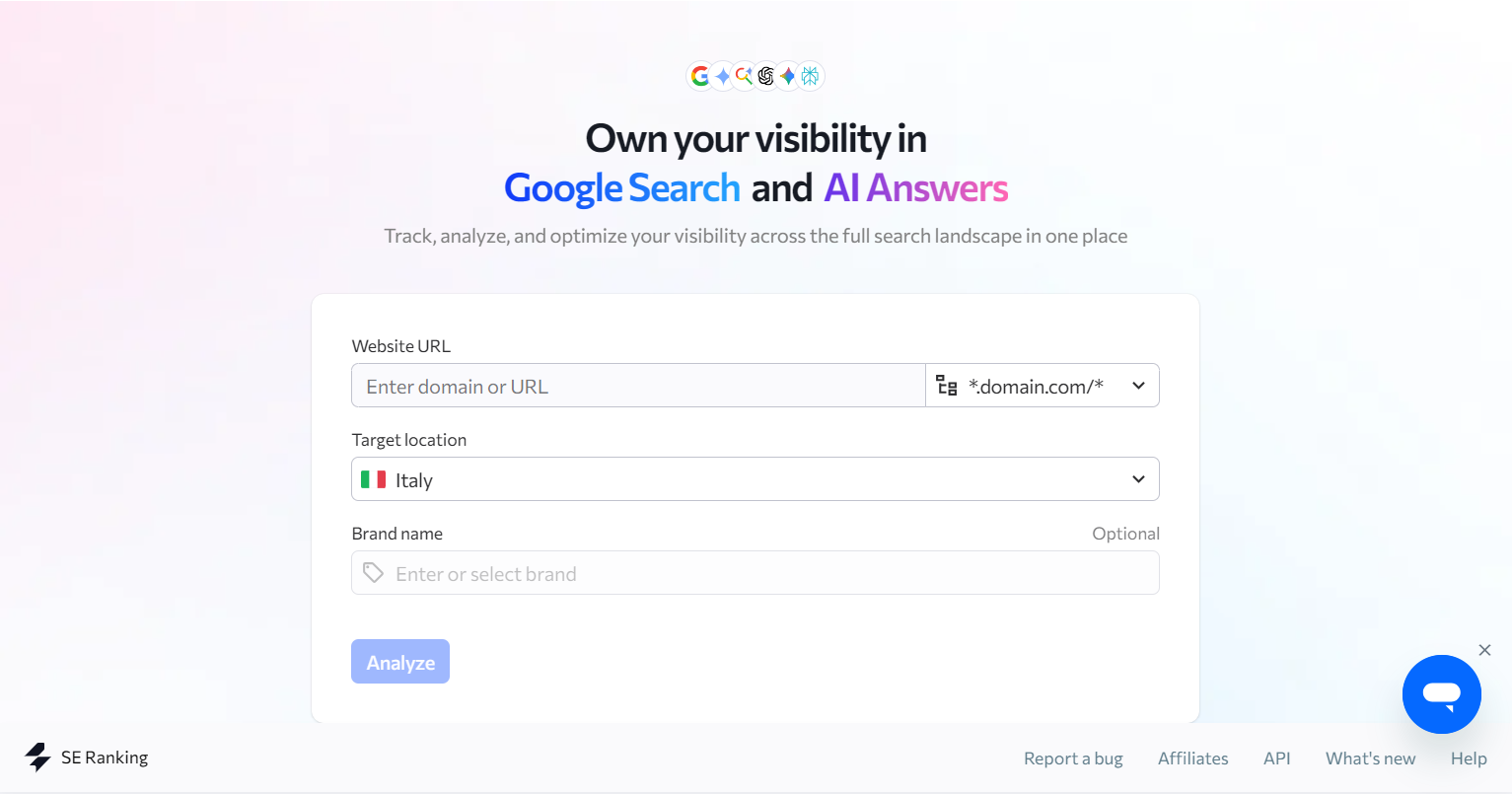 SE Ranking AI Search analyze page with website URL, target location, and optional brand name fields.