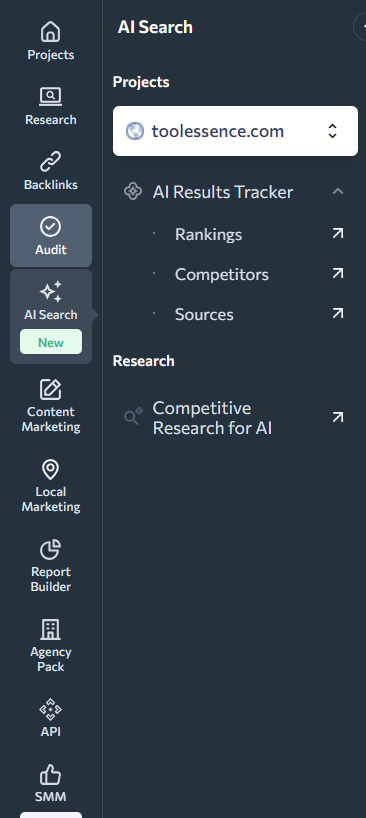 SE Ranking AI Search sidebar showing AI Results Tracker rankings, competitors, sources, and Competitive Research for AI.