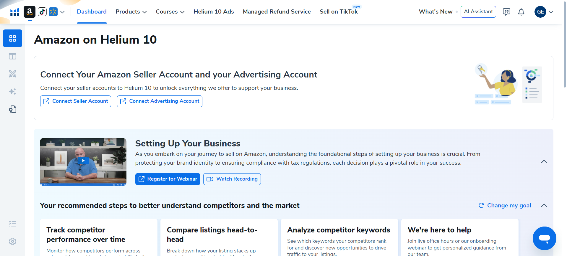 Helium 10 Amazon dashboard with seller account connection, Chrome Extension setup, webinars, and recommended seller workflows.