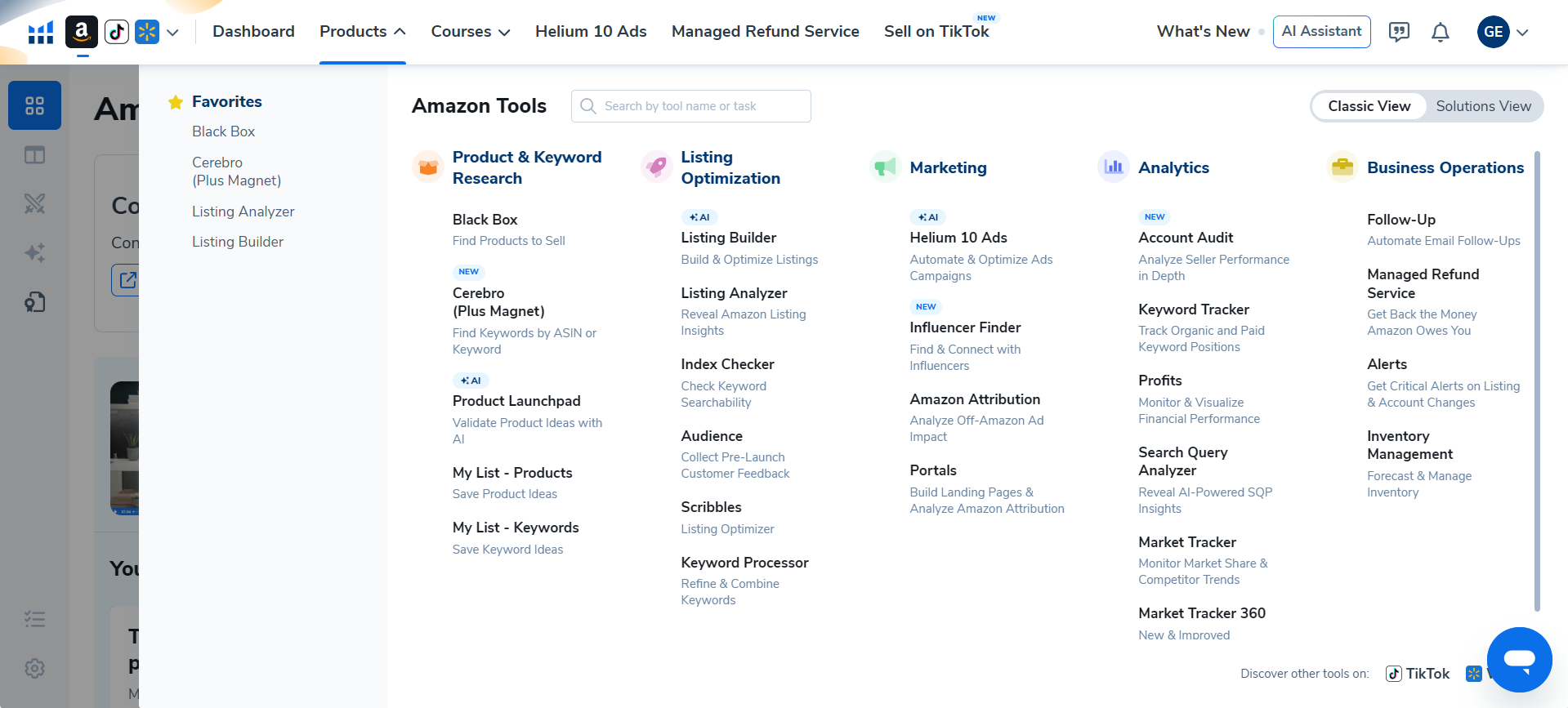 Helium 10 Amazon tools menu showing product research, listing optimization, marketing, analytics, and business operations tools.