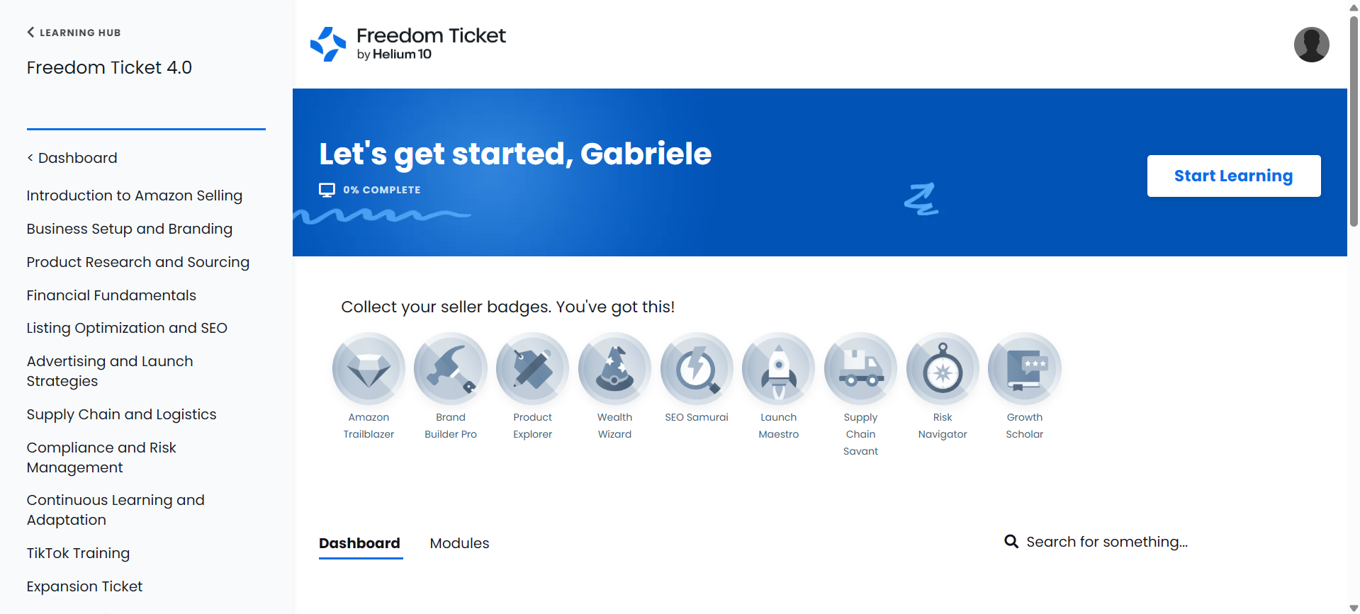 Helium 10 Freedom Ticket learning dashboard with Amazon selling training modules and progress badges.
