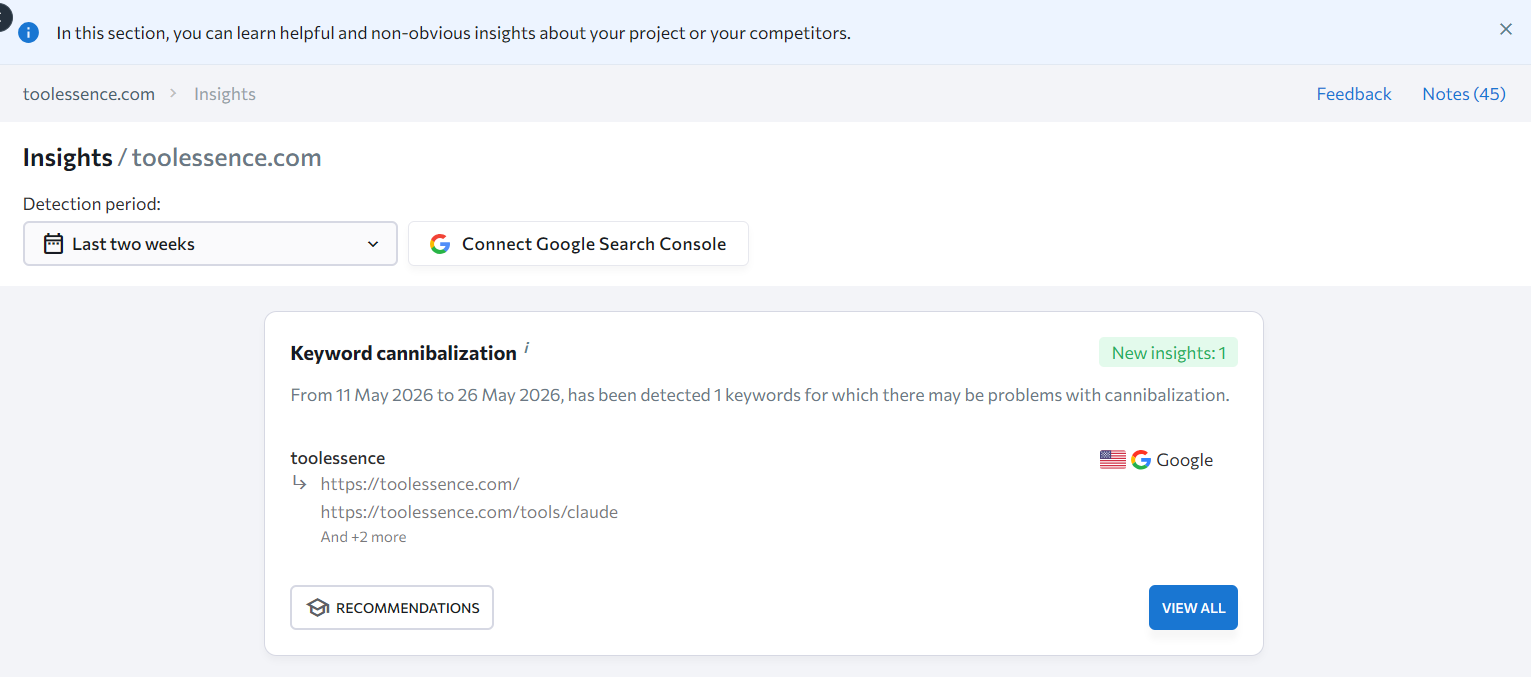 SE Ranking Insights page showing a keyword cannibalization insight for a website.