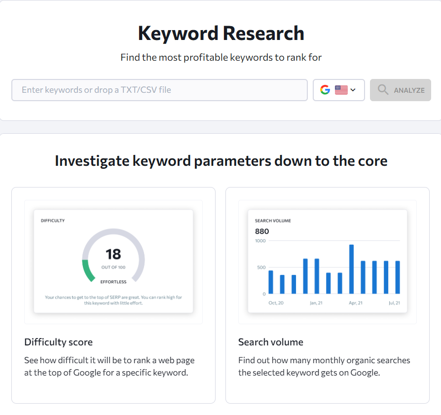 SE Ranking Keyword Research landing screen with keyword input and Google database selector.