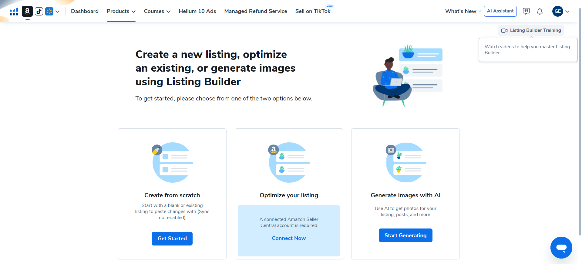 Helium 10 Listing Builder screen showing create from scratch, optimize listing, and generate images with AI options.