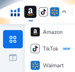 Helium 10 marketplace switcher showing Amazon, TikTok, and Walmart options.
