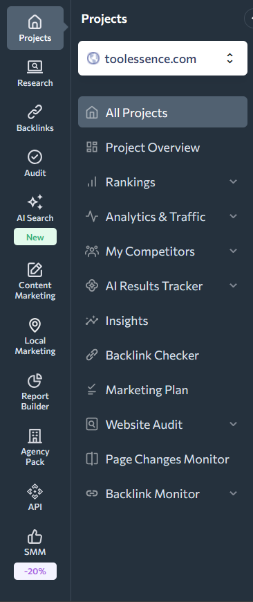 SE Ranking project sidebar showing rankings, analytics, competitors, AI Results Tracker, insights, backlinks, website audit, and reporting tools.