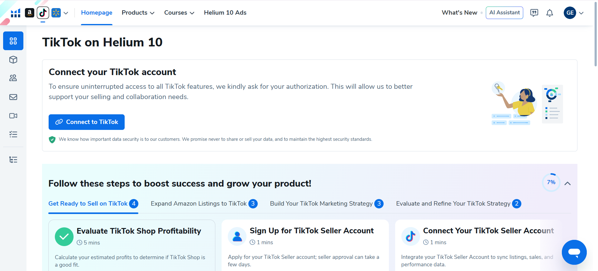 Helium 10 TikTok dashboard with TikTok account connection and TikTok Shop seller onboarding steps.