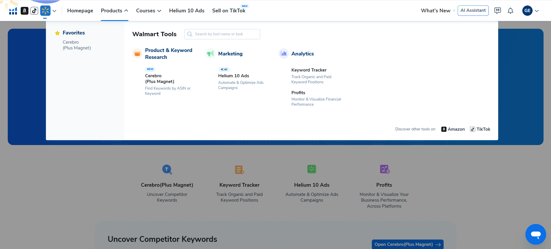 Helium 10 Walmart tools menu showing Cerebro, Helium 10 Ads, Keyword Tracker, Profits, and related tools.